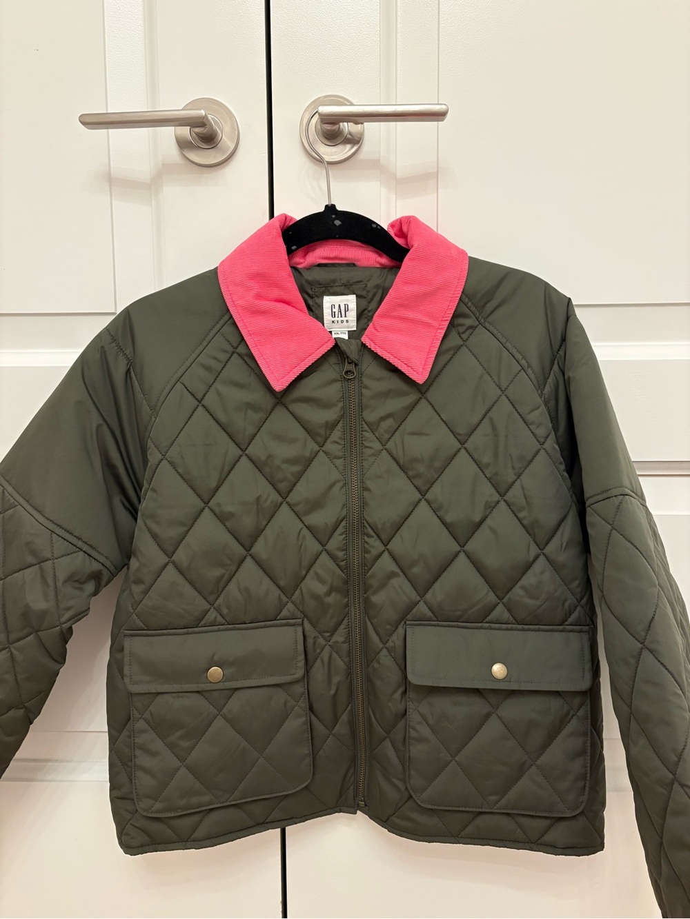 GAP Olive Quilted Puffer Jacket with Pink Collar